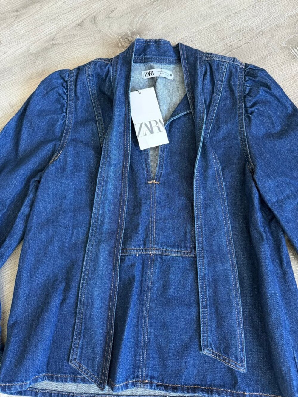 Zara Dark Denim Tie Neck Puff Sleeve Top NWT | Size XS
